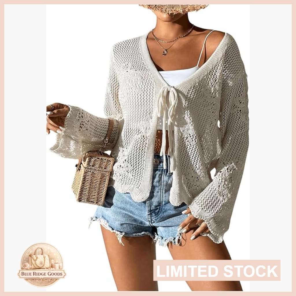 Tie Front Crochet Cardigan Boho Beach Cover Up Lightweight Long Sleeve Lace